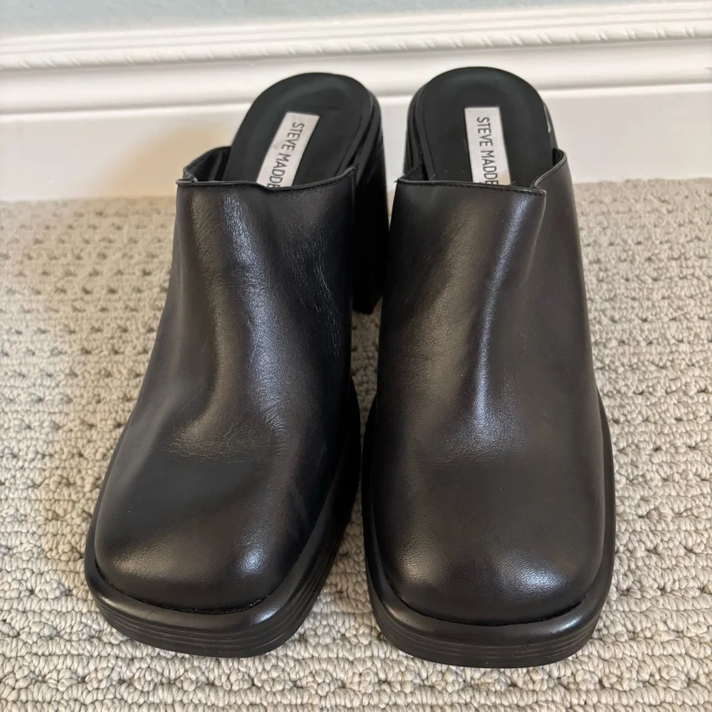 New Steve Madden Flirtie Black Leather Platform Mules with Heel Size 8.5 - Picture 4 of 6